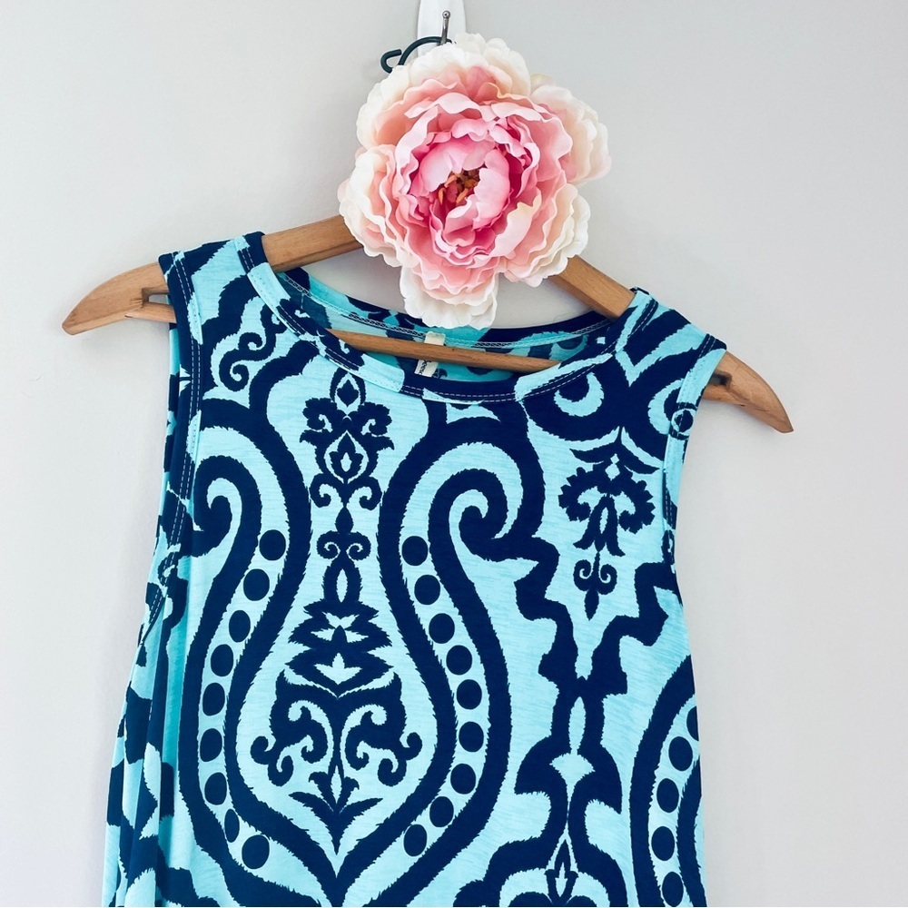 Beacon River Sleeveless Tank Dress Small Damask Print Teal Green Navy Blue - Picture 4 of 9